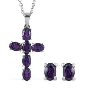 Amethyst Solitaire Stud Earrings and Cross Pendant Necklace 20 Inches in Stainless Steel 3.50 ctw