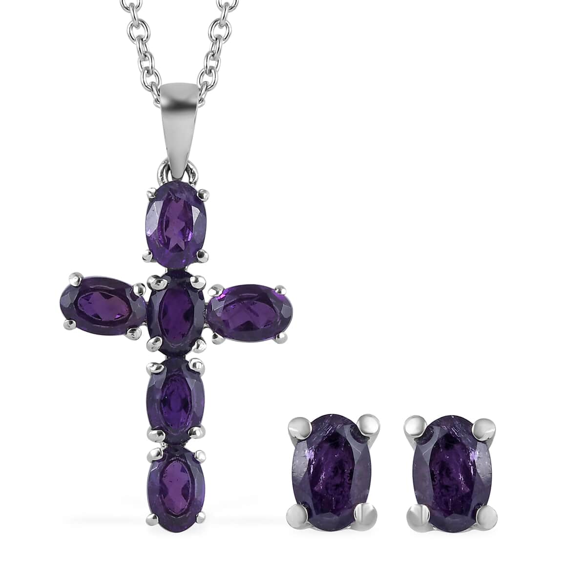 Amethyst Solitaire Stud Earrings and Cross Pendant Necklace 20 Inches in Stainless Steel 3.50 ctw image number 0