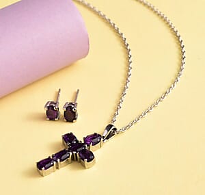 Amethyst 3.65 ctw Solitaire Stud Earrings and Cross Pendant Necklace 20 Inches in Stainless Steel