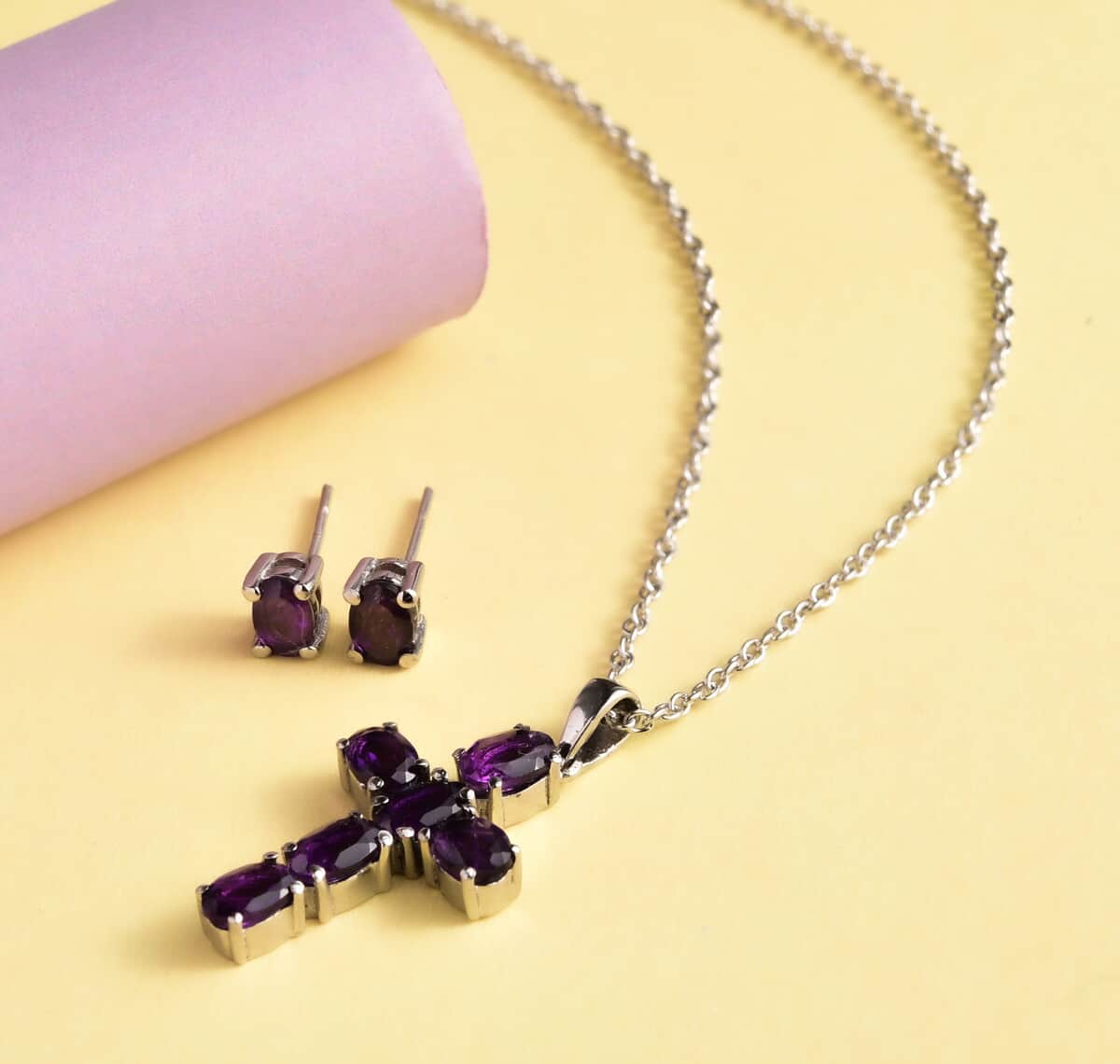 Amethyst Solitaire Stud Earrings and Cross Pendant Necklace 20 Inches in Stainless Steel 3.50 ctw image number 1