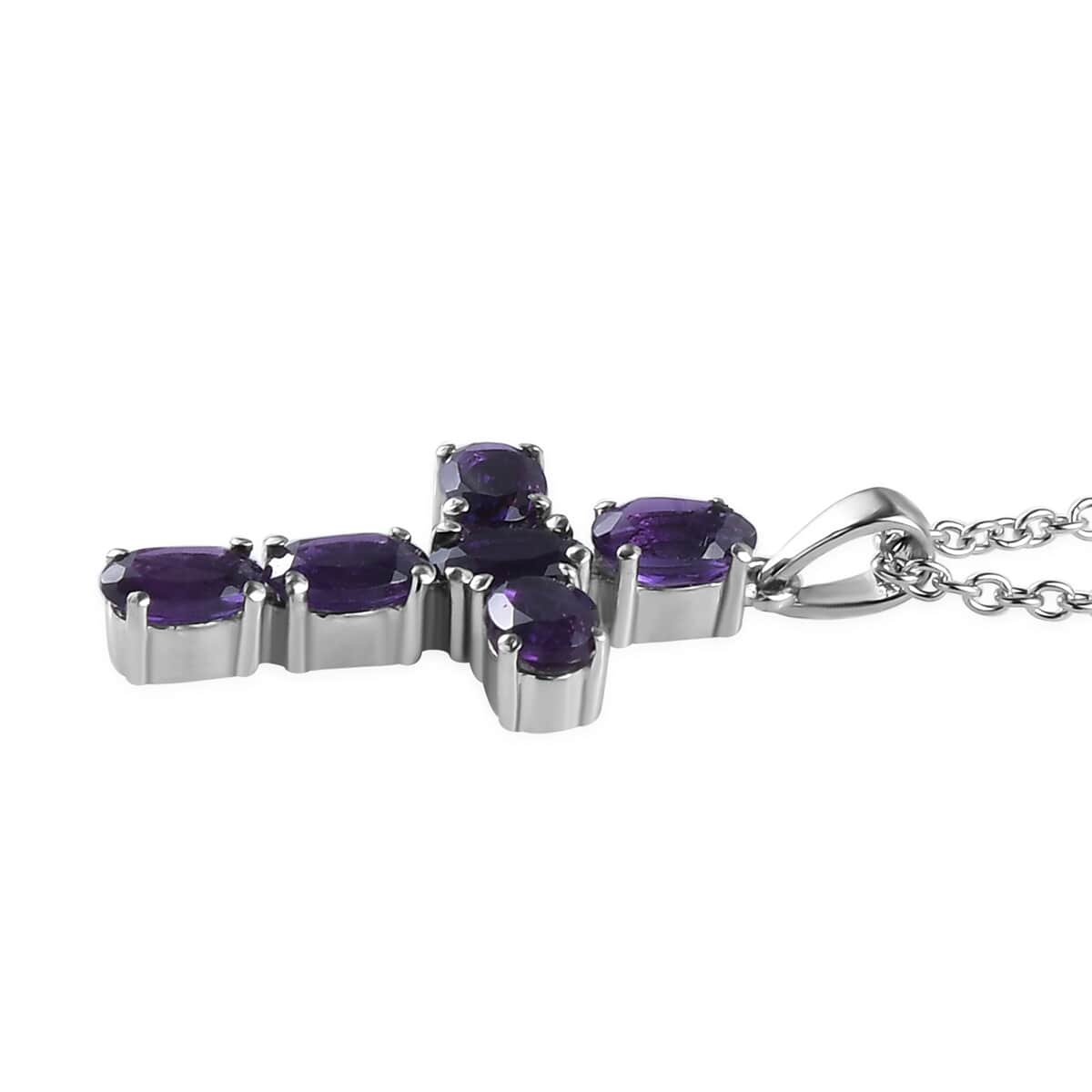 Amethyst Solitaire Stud Earrings and Cross Pendant Necklace 20 Inches in Stainless Steel 3.65 ctw image number 3