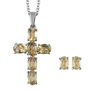 Brazilian Citrine Solitaire Stud Earrings and Cross Pendant Necklace 20 Inches in Stainless Steel 3.50 ctw