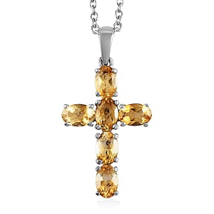 Brazilian Citrine Solitaire Stud Earrings and Cross Pendant Necklace 20 Inches in Stainless Steel 3.50 ctw