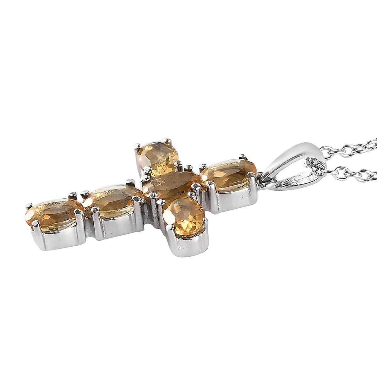 Brazilian Citrine Solitaire Stud Earrings and Cross Pendant Necklace 20 Inches in Stainless Steel 3.50 ctw image number 2