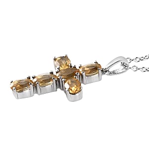 Brazilian Citrine Solitaire Stud Earrings and Cross Pendant Necklace 20 Inches in Stainless Steel 3.50 ctw