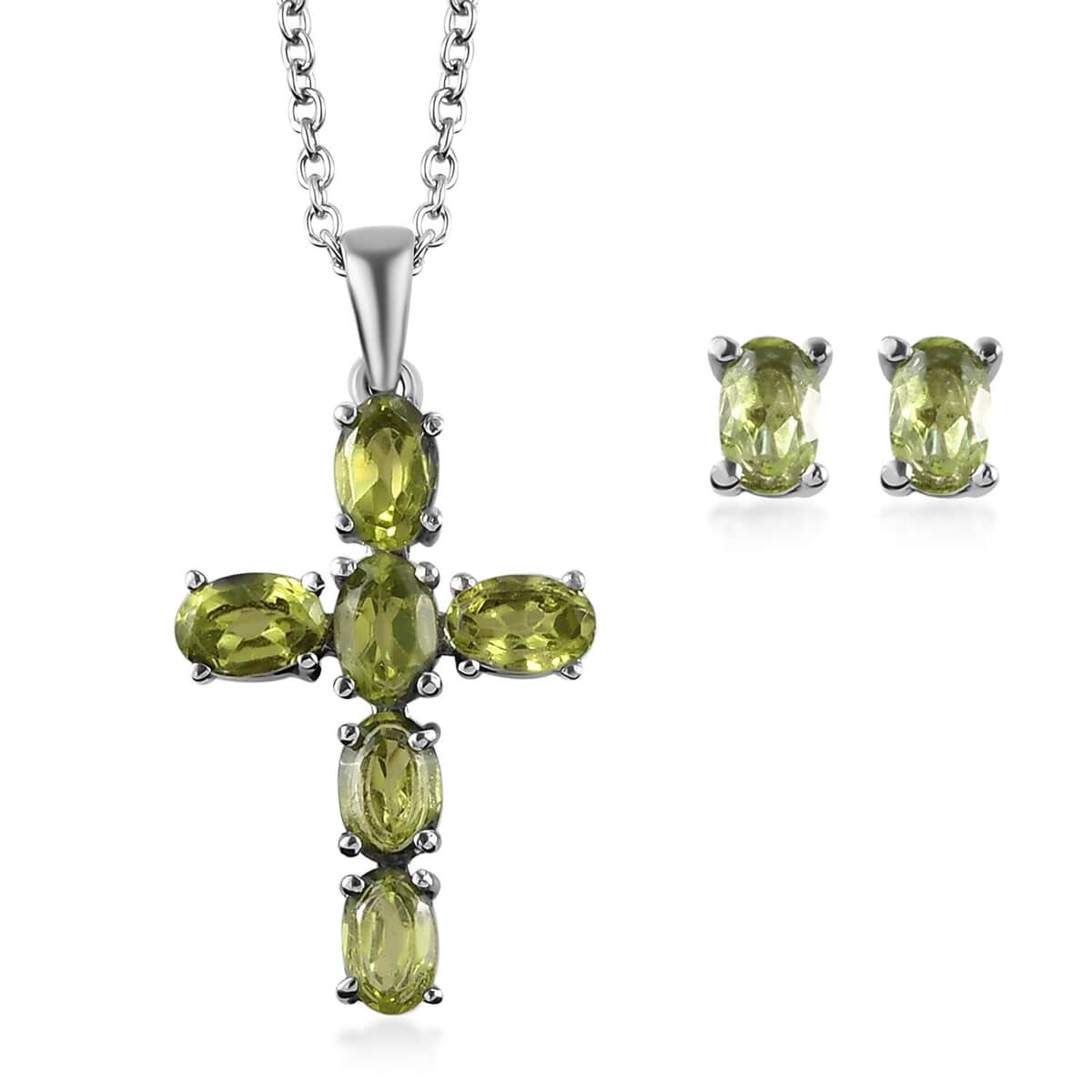 Peridot Solitaire Stud Earrings and Cross Pendant Necklace 20 Inches in Stainless Steel 3.75 ctw image number 0