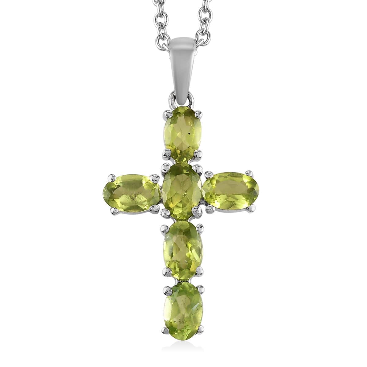 Peridot Solitaire Stud Earrings and Cross Pendant Necklace 20 Inches in Stainless Steel 3.75 ctw image number 1