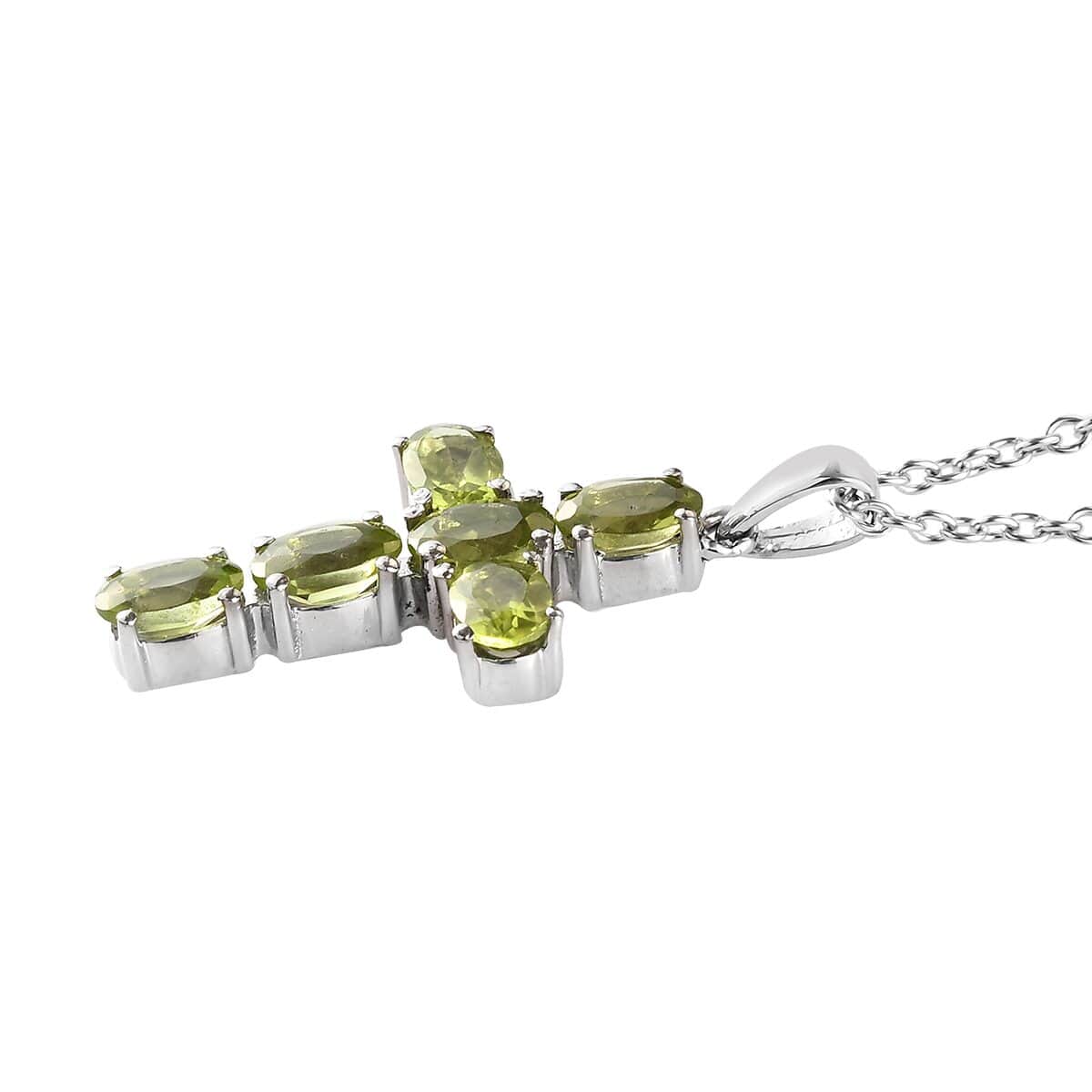 Peridot Solitaire Stud Earrings and Cross Pendant Necklace 20 Inches in Stainless Steel 3.75 ctw image number 2