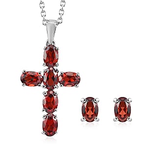 Mozambique Garnet 4.50 ctw Stud Earrings and Cross Pendant Necklace 20 Inches in Stainless Steel