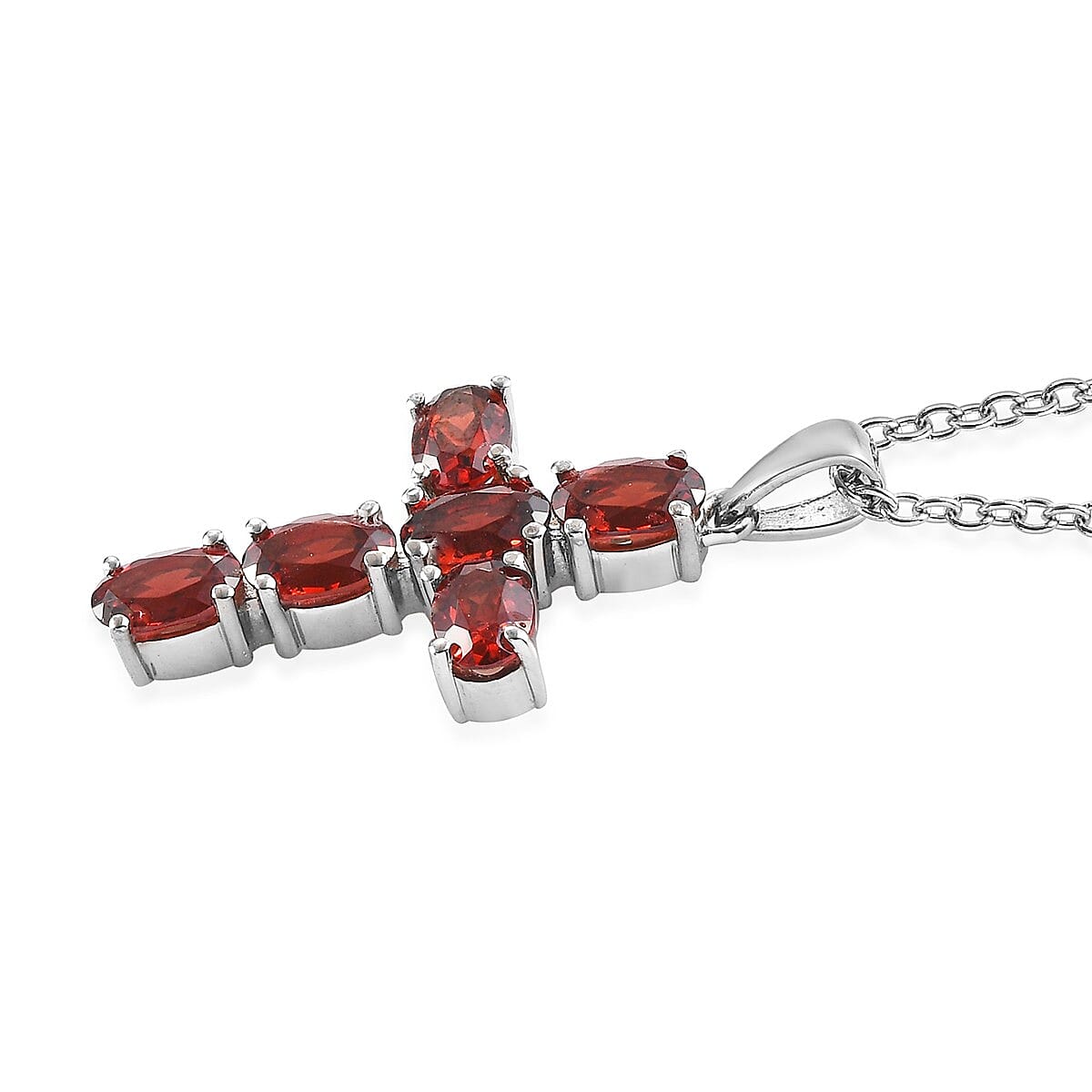 Mozambique Garnet 4.50 ctw Stud Earrings and Cross Pendant Necklace 20 Inches in Stainless Steel image number 2