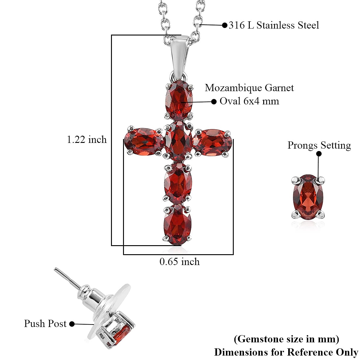 Mozambique Garnet 4.50 ctw Stud Earrings and Cross Pendant Necklace 20 Inches in Stainless Steel image number 6