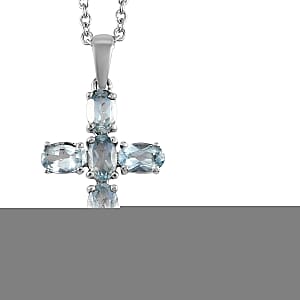 Sky Blue Topaz 4.00 ctw Stud Earrings and Cross Pendant Necklace 20 Inches in Stainless Steel