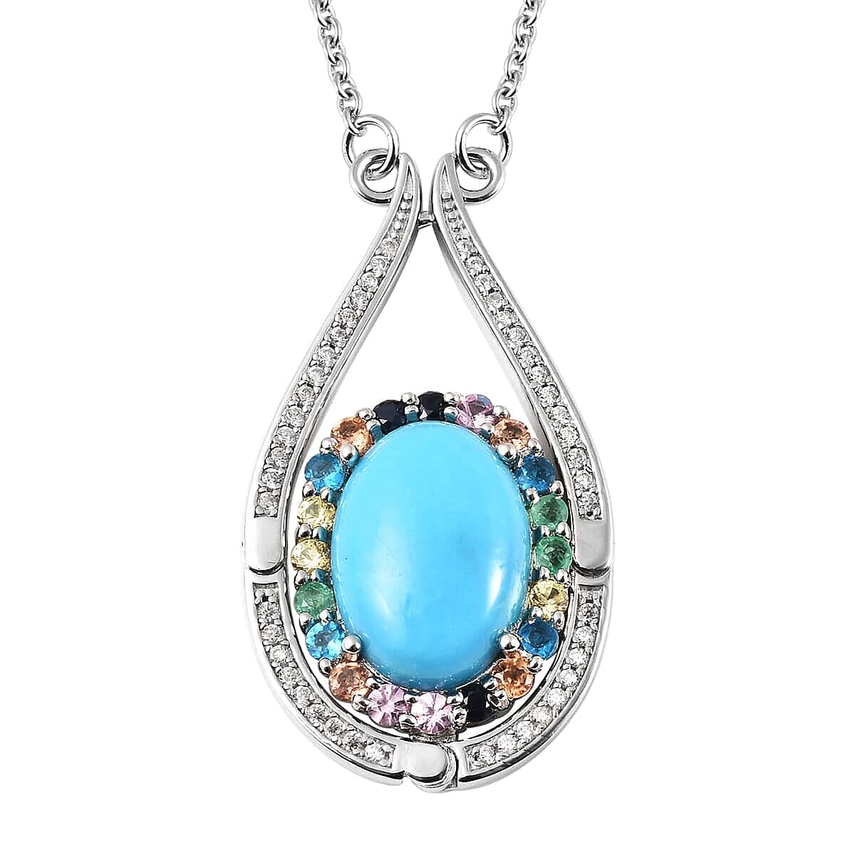 Sleeping Beauty Turquoise and Multi Gemstone Necklace 18 Inches in Rhodium Over Sterling Silver 5.90 ctw