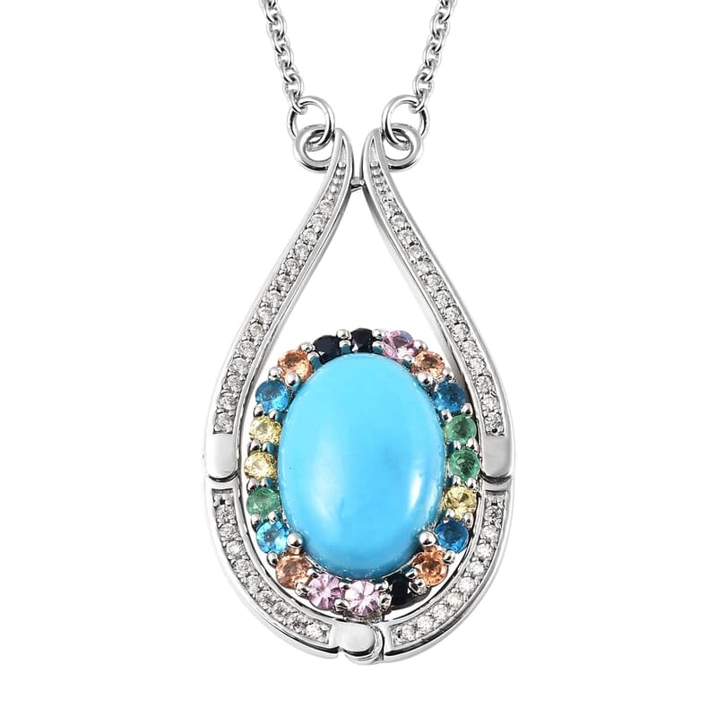 Sleeping Beauty Turquoise and Multi Gemstone Necklace 18 Inches in Rhodium Over Sterling Silver 5.90 ctw
