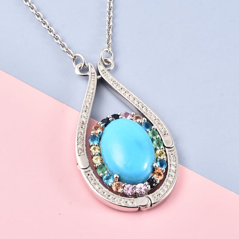 Sleeping Beauty Turquoise and Multi Gemstone Necklace 18 Inches in Rhodium Over Sterling Silver 5.90 ctw