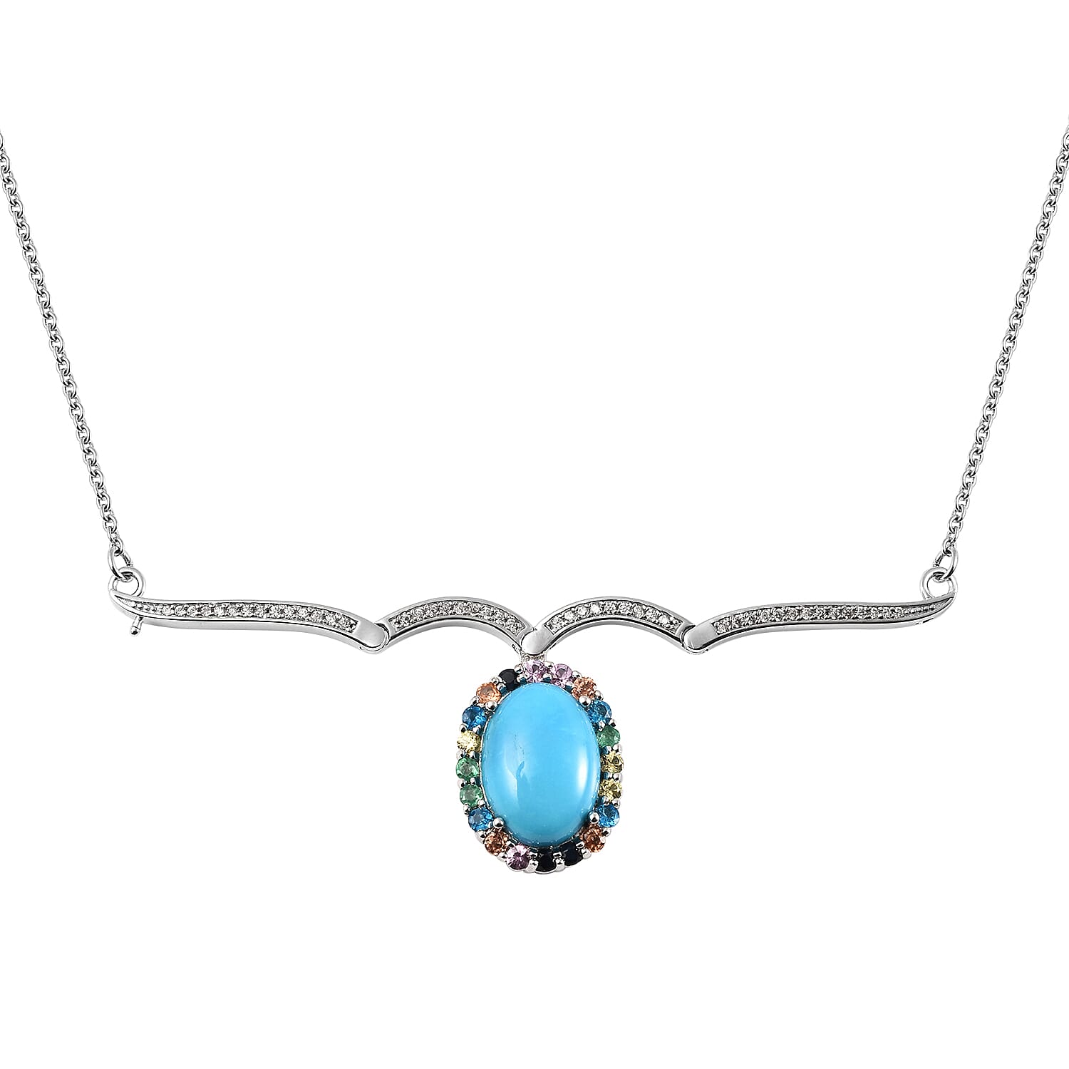 Sleeping Beauty Turquoise and Multi Gemstone Necklace 18 Inches in Rhodium Over Sterling Silver 5.90 ctw