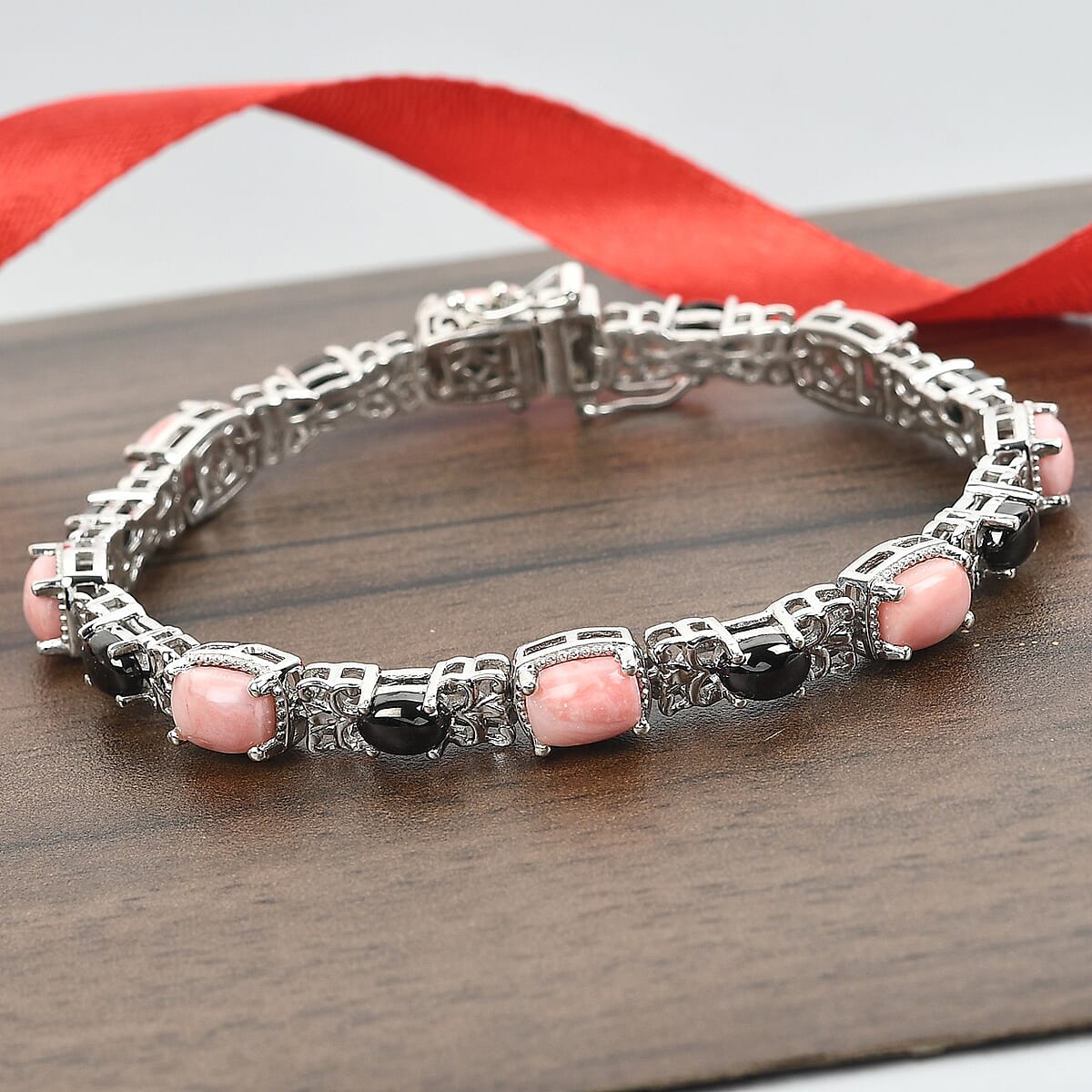 American Oregon Sunrise Peach Opal and Elite Shungite Tennis Bracelet in Platinum Over Sterling Silver (7.25 In) 7.10 ctw image number 1