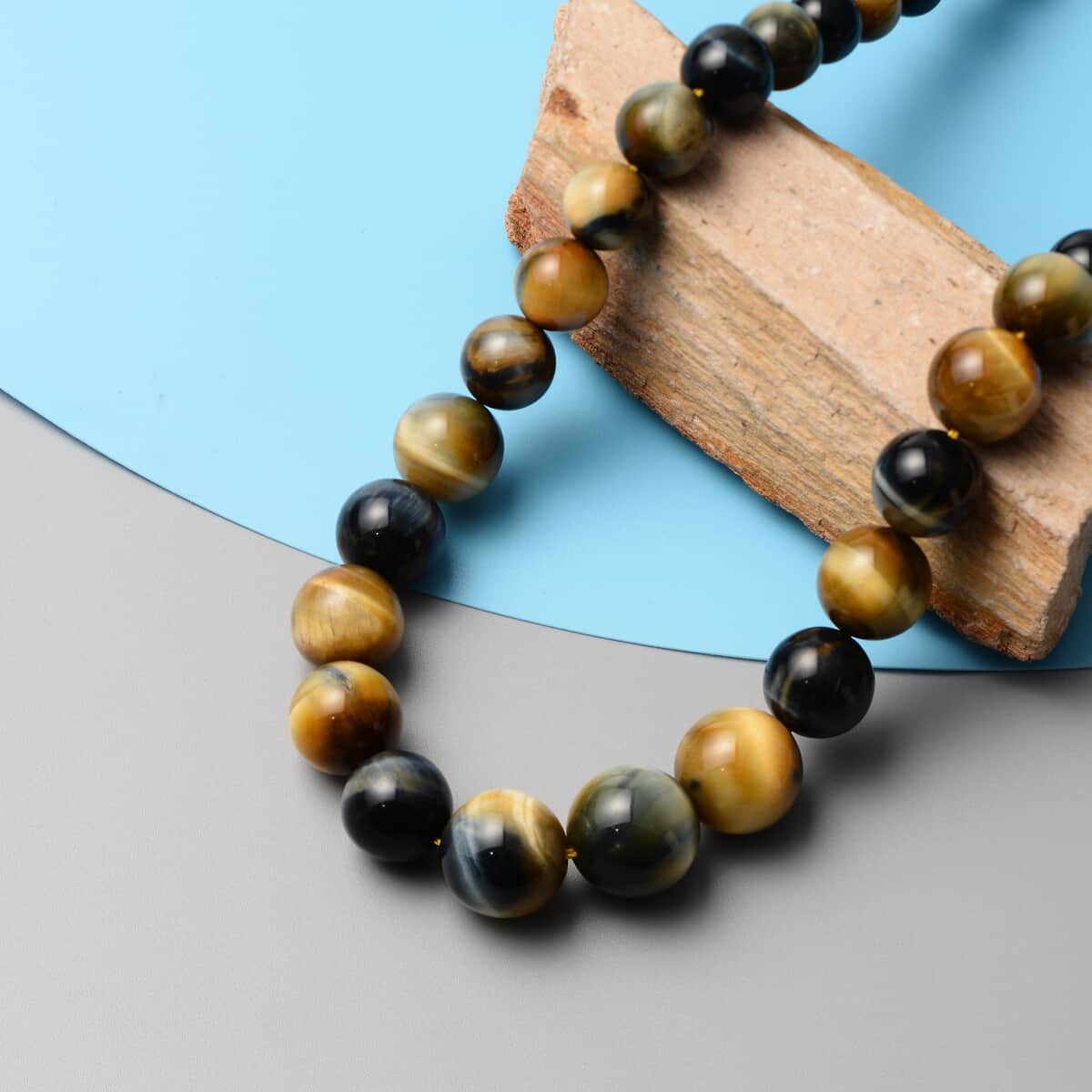 Bi-Color Tiger Eye Beaded Necklace 18 Inches in Rhodium Over Sterling Silver 510.00 ctw image number 1