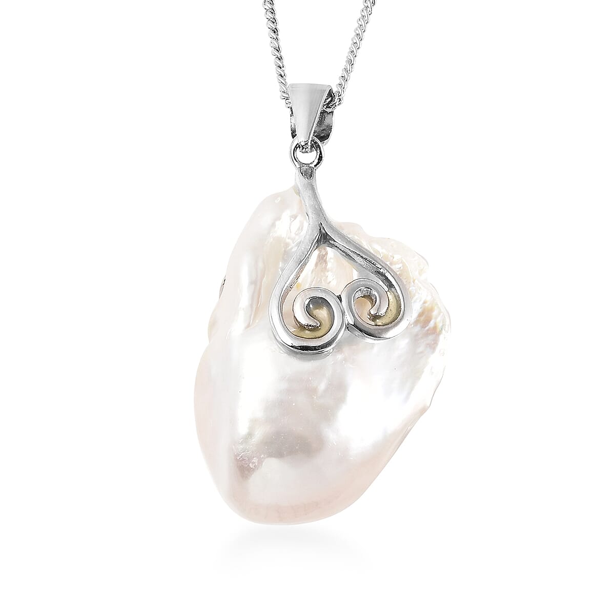 Organic Shape Baroque Pearl Pendant Necklace 18 Inches in Rhodium Over Sterling Silver