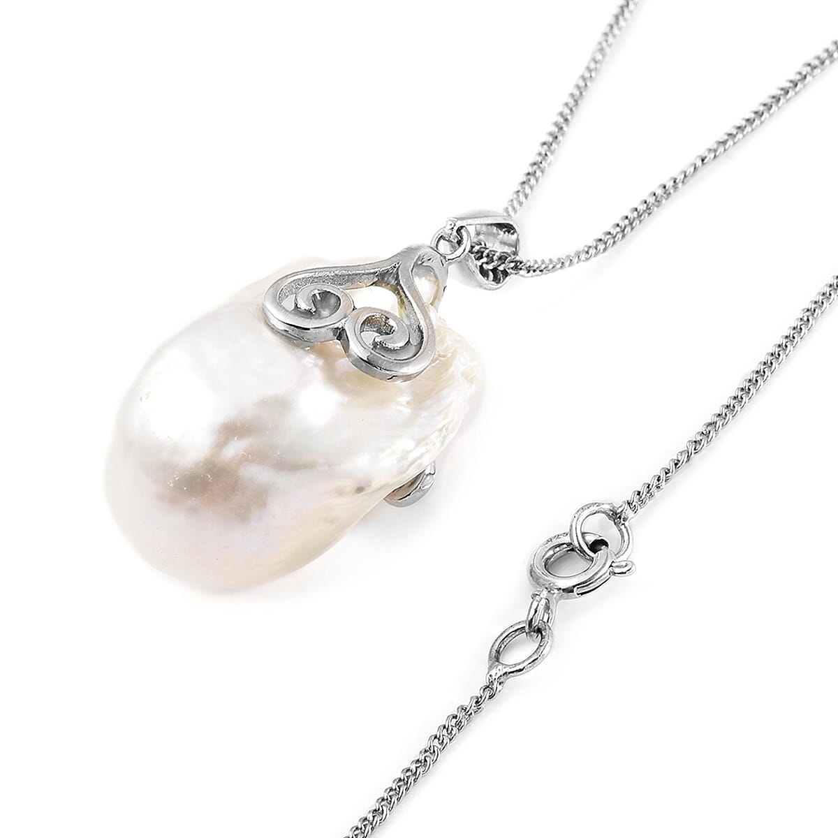 Organic Shape Baroque Pearl Pendant Necklace 18 Inches in Rhodium Over Sterling Silver