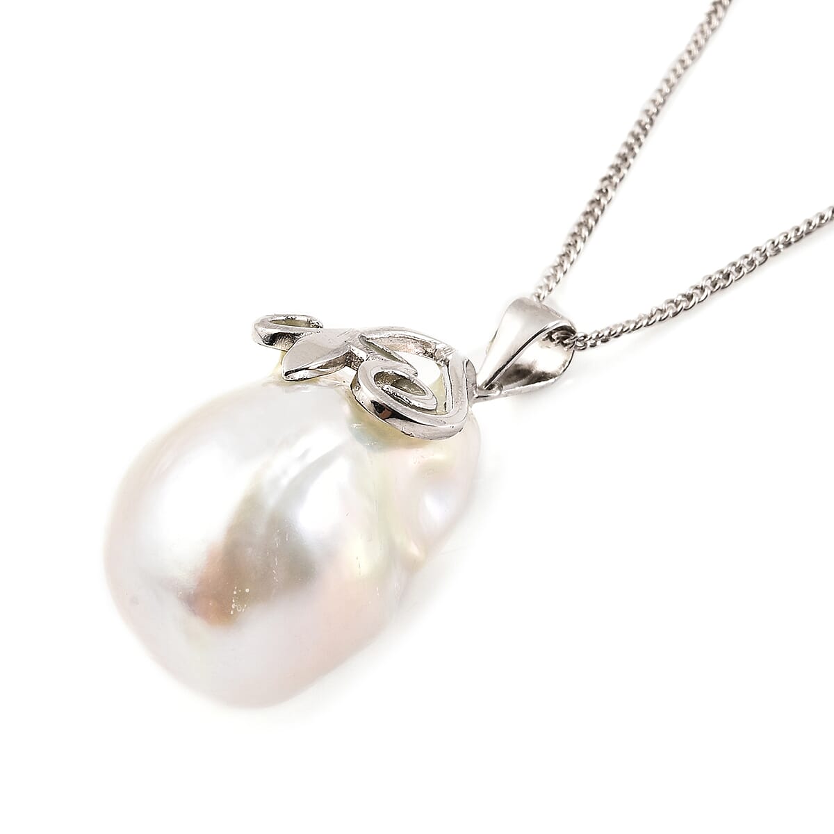 Organic Shape Baroque Pearl Pendant Necklace 18 Inches in Rhodium Over Sterling Silver