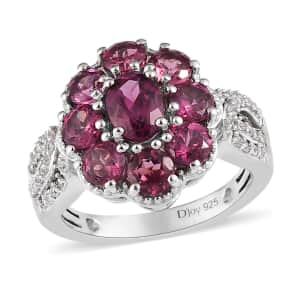 Tanzanian Wine Garnet and White Zircon Floral Ring in Platinum Over Sterling Silver (Size 9.0) 4.00 ctw