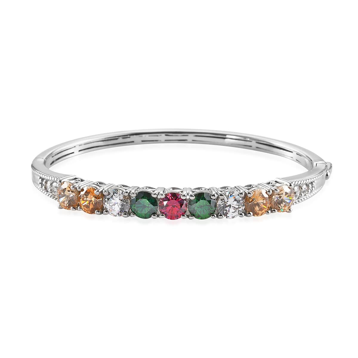 LUSTRO STELLA Made with Finest Multi Color CZ Bangle Bracelet in Platinum Over Sterling Silver (6.50 In) 15.15 Grams 13.75 ctw image number 0