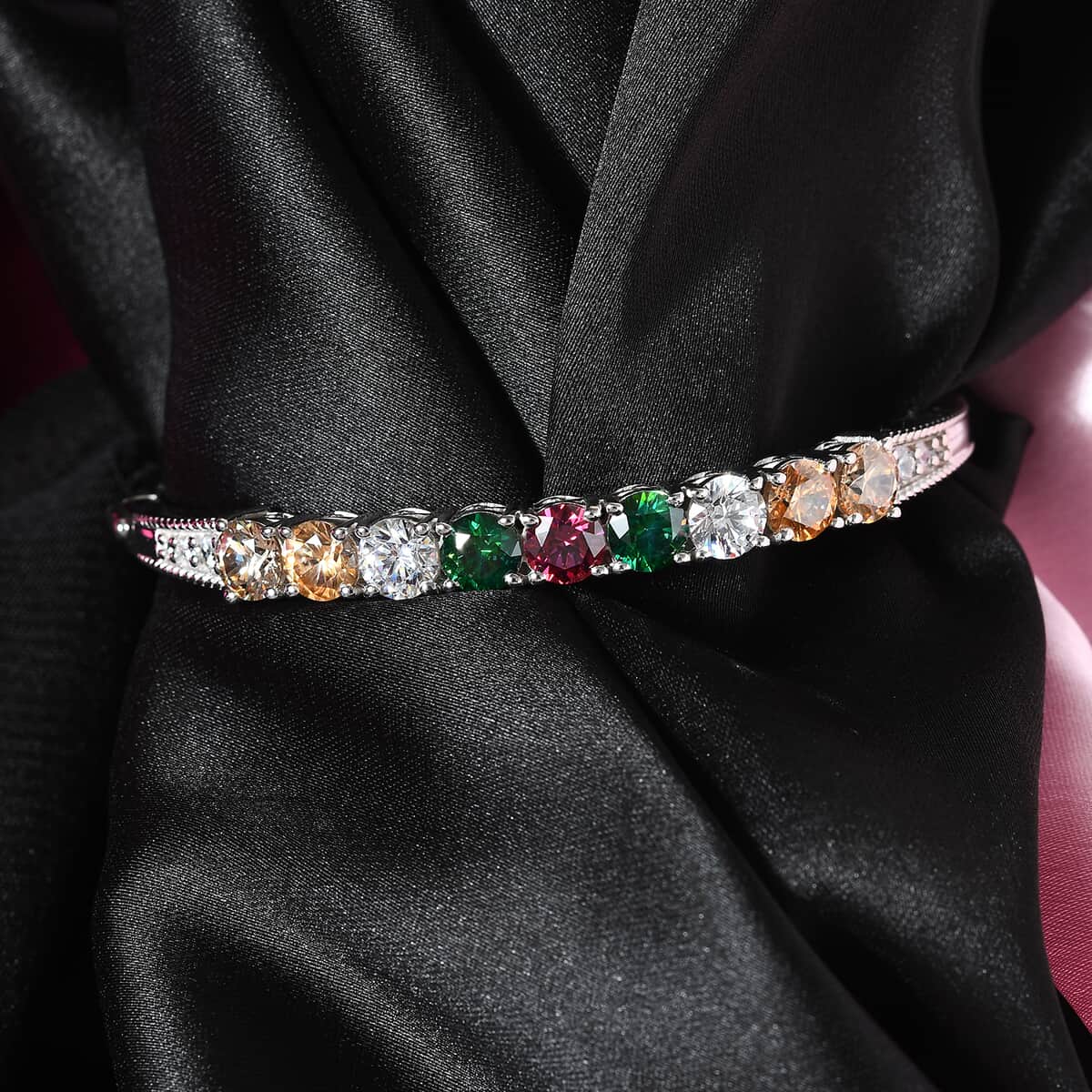 LUSTRO STELLA Made with Finest Multi Color CZ Bangle Bracelet in Platinum Over Sterling Silver (6.50 In) 15.15 Grams 13.75 ctw image number 1