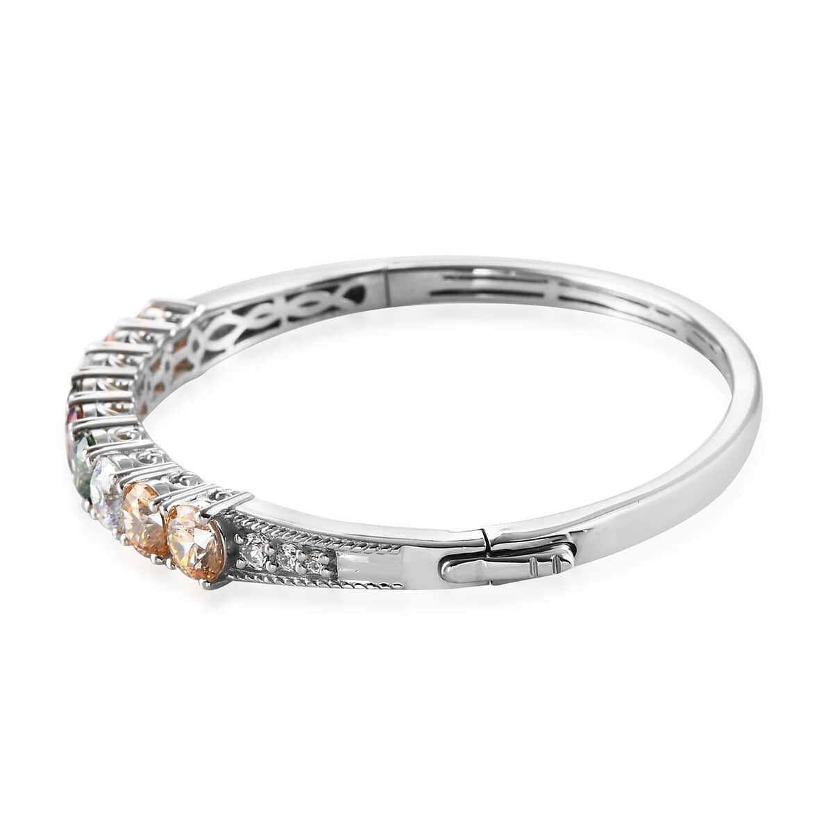 LUSTRO STELLA Made with Finest Multi Color CZ Bangle Bracelet in Platinum Over Sterling Silver (6.50 In) 15.15 Grams 13.75 ctw image number 3