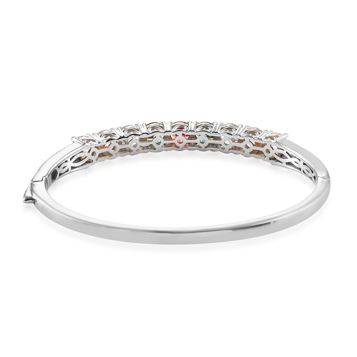 LUSTRO STELLA Made with Finest Multi Color CZ Bangle Bracelet in Platinum Over Sterling Silver (6.50 In) 15.15 Grams 13.75 ctw image number 4