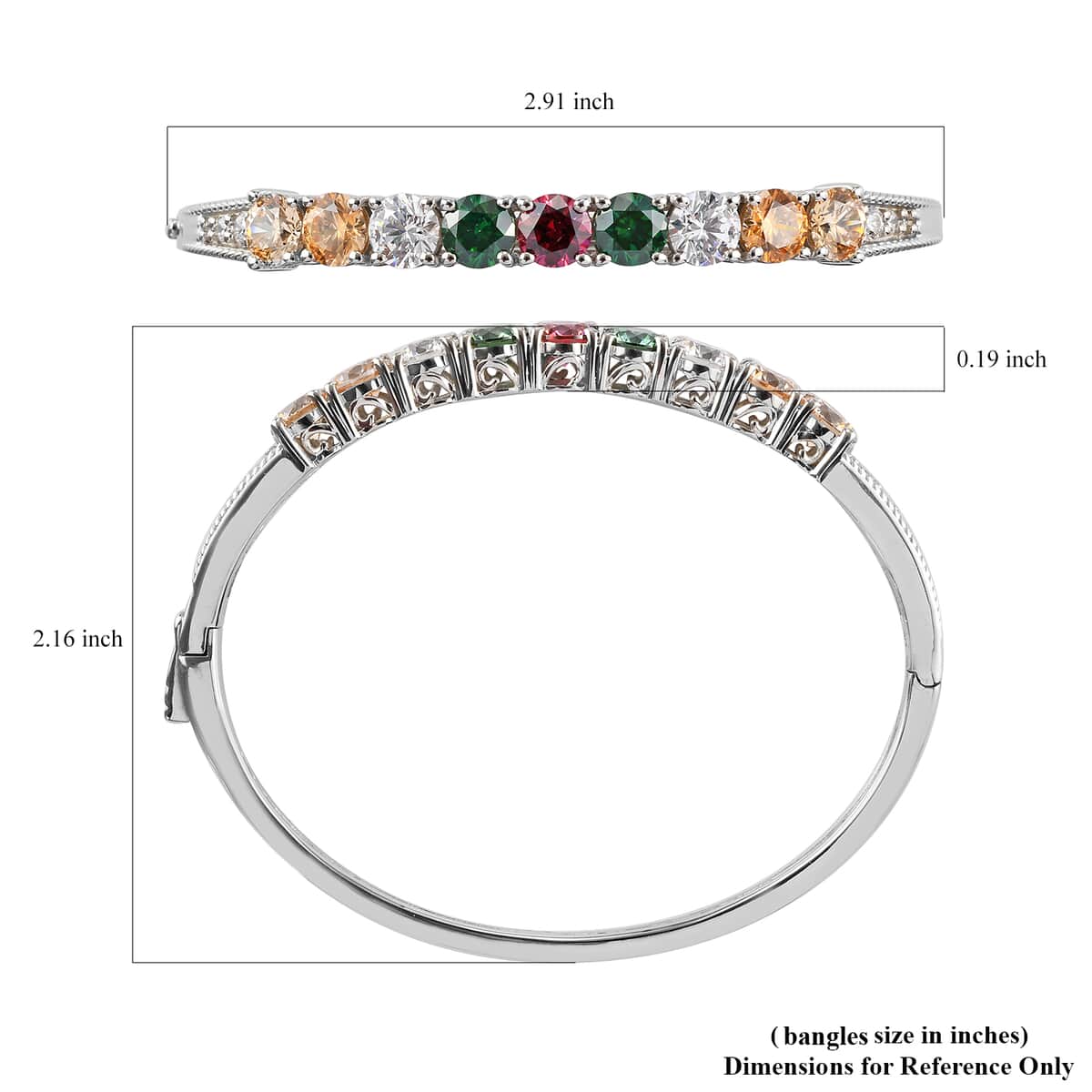 LUSTRO STELLA Made with Finest Multi Color CZ Bangle Bracelet in Platinum Over Sterling Silver (6.50 In) 15.15 Grams 13.75 ctw image number 5