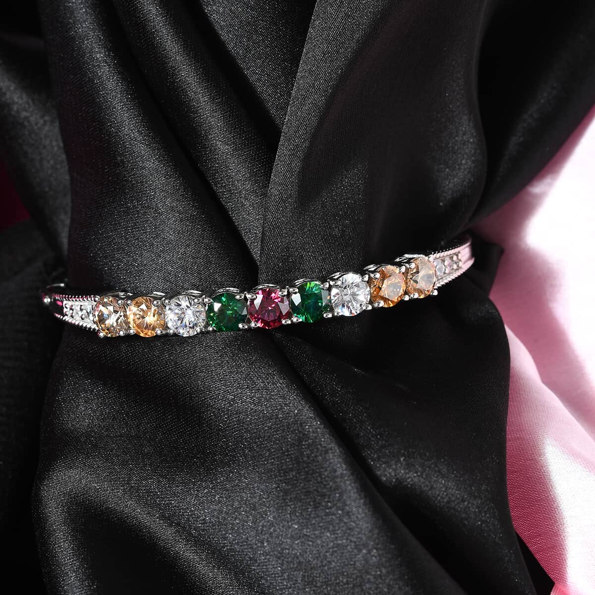 Lustro Stella Made with Finest Multi Color CZ Bangle Bracelet in Platinum Over Sterling Silver (8.00 In) 13.75 ctw image number 1