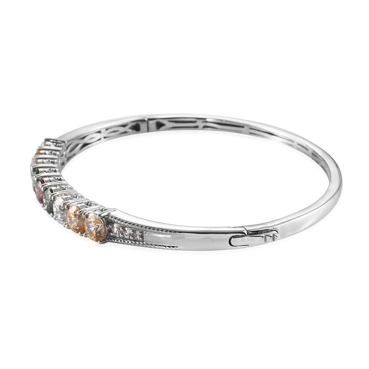 Lustro Stella Made with Finest Multi Color CZ Bangle Bracelet in Platinum Over Sterling Silver (8.00 In) 13.75 ctw image number 3