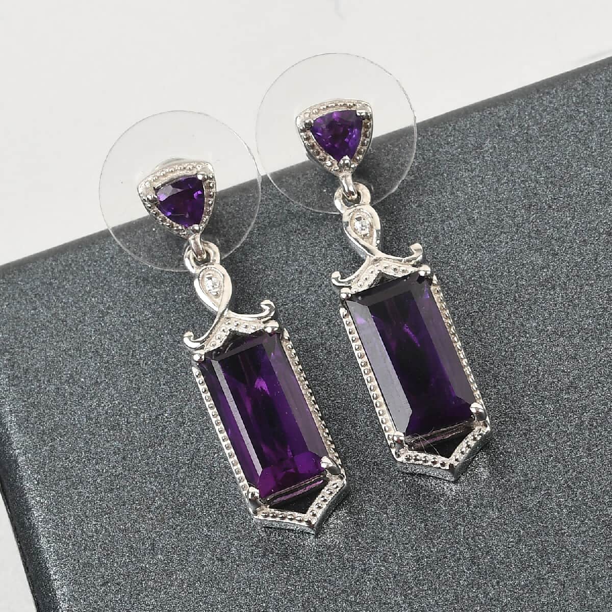 Lusaka Amethyst, Zircon Dangle Earrings in Platinum Over Sterling Silver 6.30 ctw image number 1