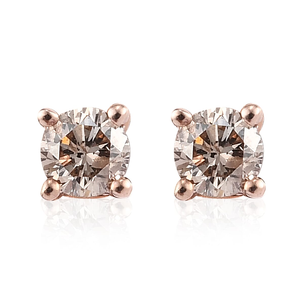 Natural Champagne Diamond Solitaire Stud Earrings in Vermeil Rose Gold Over Sterling Silver 0.25 ctw