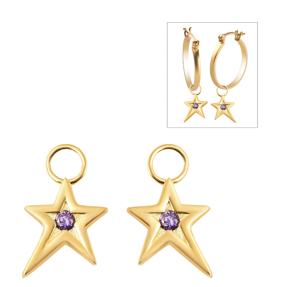 Simulated Amethyst Diamond Star Interchangeable Earrings Charm in 14K Yellow Gold Over Sterling Silver 0.08 ctw image number 0
