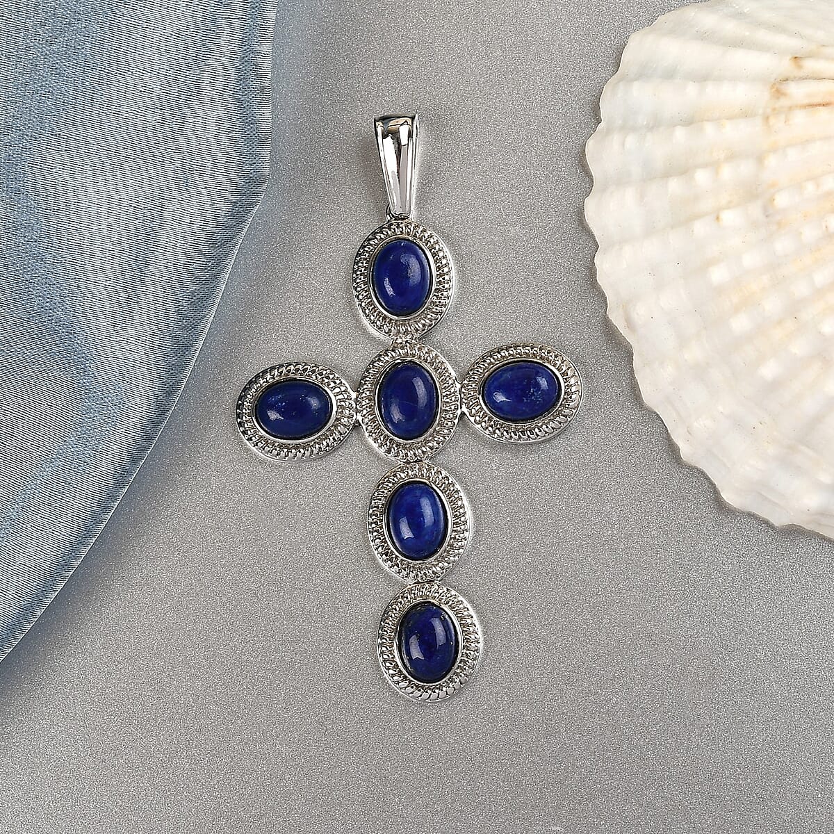 Lapis Lazuli Cross Pendant in Stainless Steel 10.20 ctw image number 1