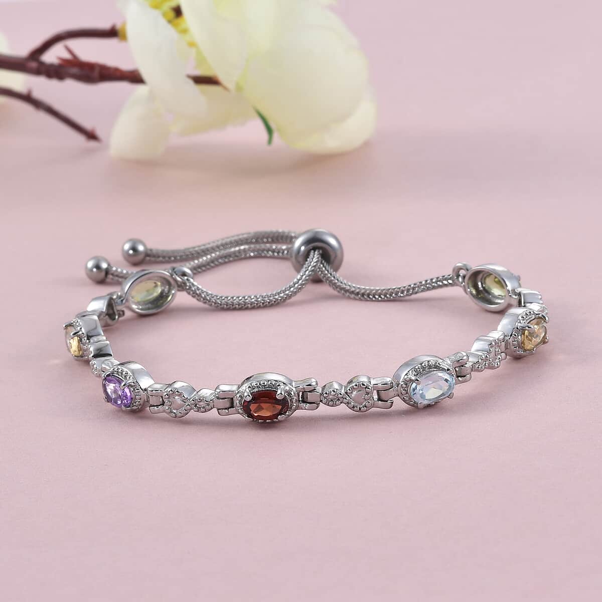 Multi Gemstone Station Bolo Bracelet in Stainless Steel 3.40 ctw image number 1
