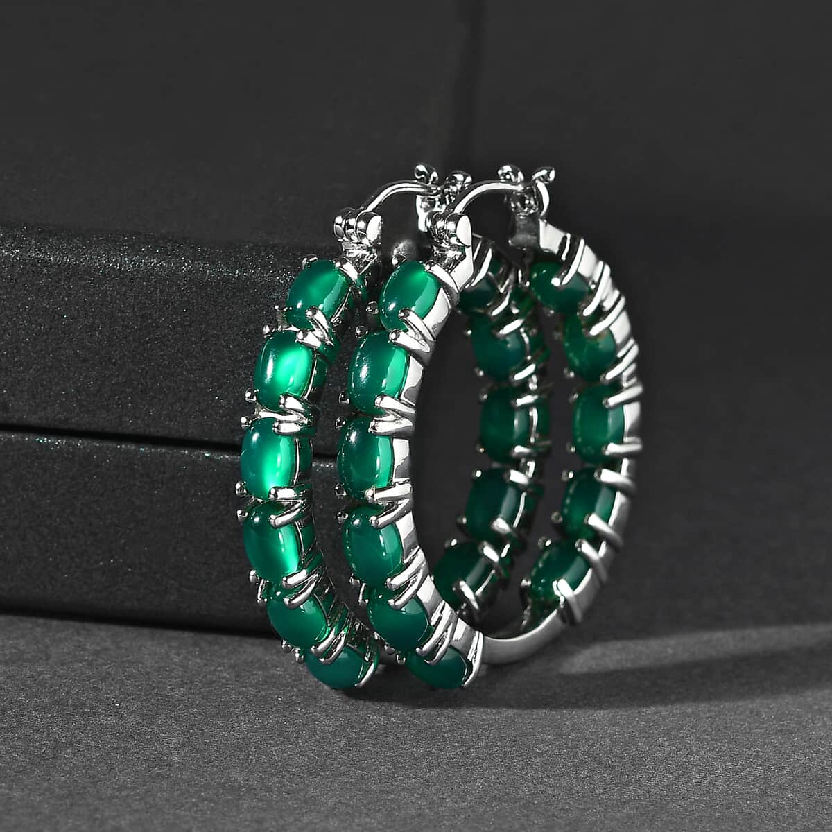 Green Onyx Hoop Earrings in Stainless Steel 10.85 ctw image number 1
