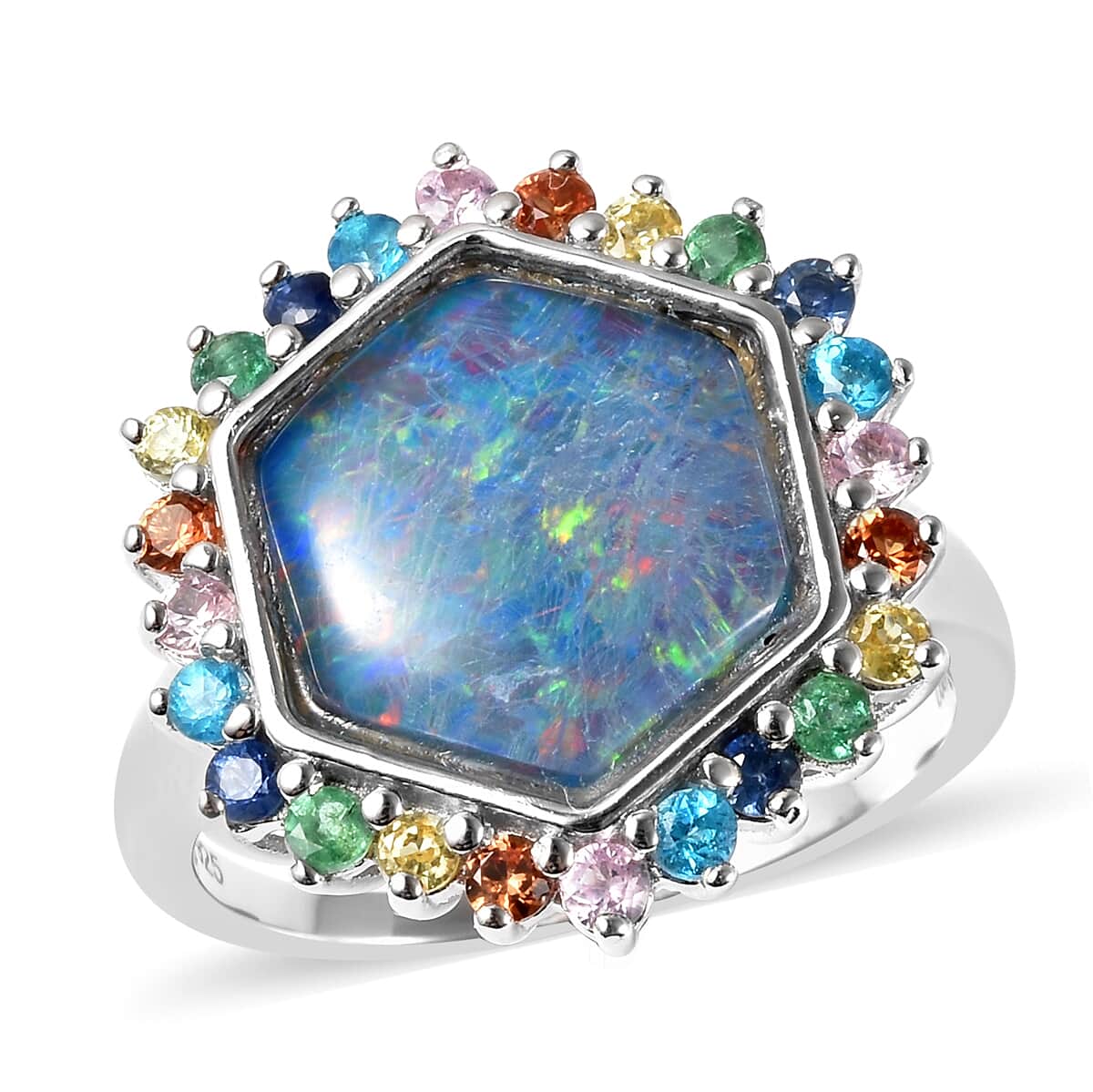 Australian Boulder Opal Triplet and Multi Gemstone Hexagon Ring in Rhodium Over Sterling Silver (Size 7.0) 4.90 ctw image number 0