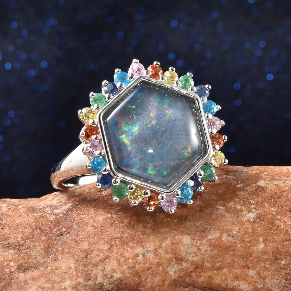 Australian Boulder Opal Triplet and Multi Gemstone Hexagon Ring in Rhodium Over Sterling Silver (Size 7.0) 4.90 ctw image number 1