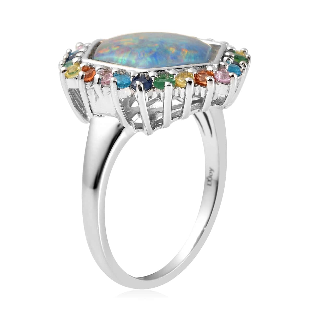Australian Boulder Opal Triplet and Multi Gemstone Hexagon Ring in Rhodium Over Sterling Silver (Size 7.0) 4.90 ctw image number 3