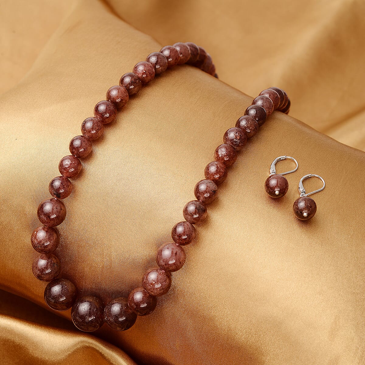 Strawberry Quartz Beaded Necklace 20 Inches and Earrings in Rhodium Over Sterling Silver 445.50 ctw image number 1