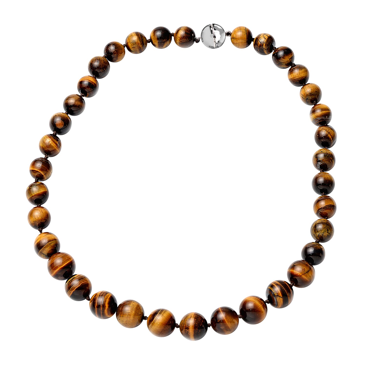 Premium Yellow Tiger's Eye 11-15mm Beaded Necklace 20 Inches in Rhodium Over Sterling Silver 580.50 ctw