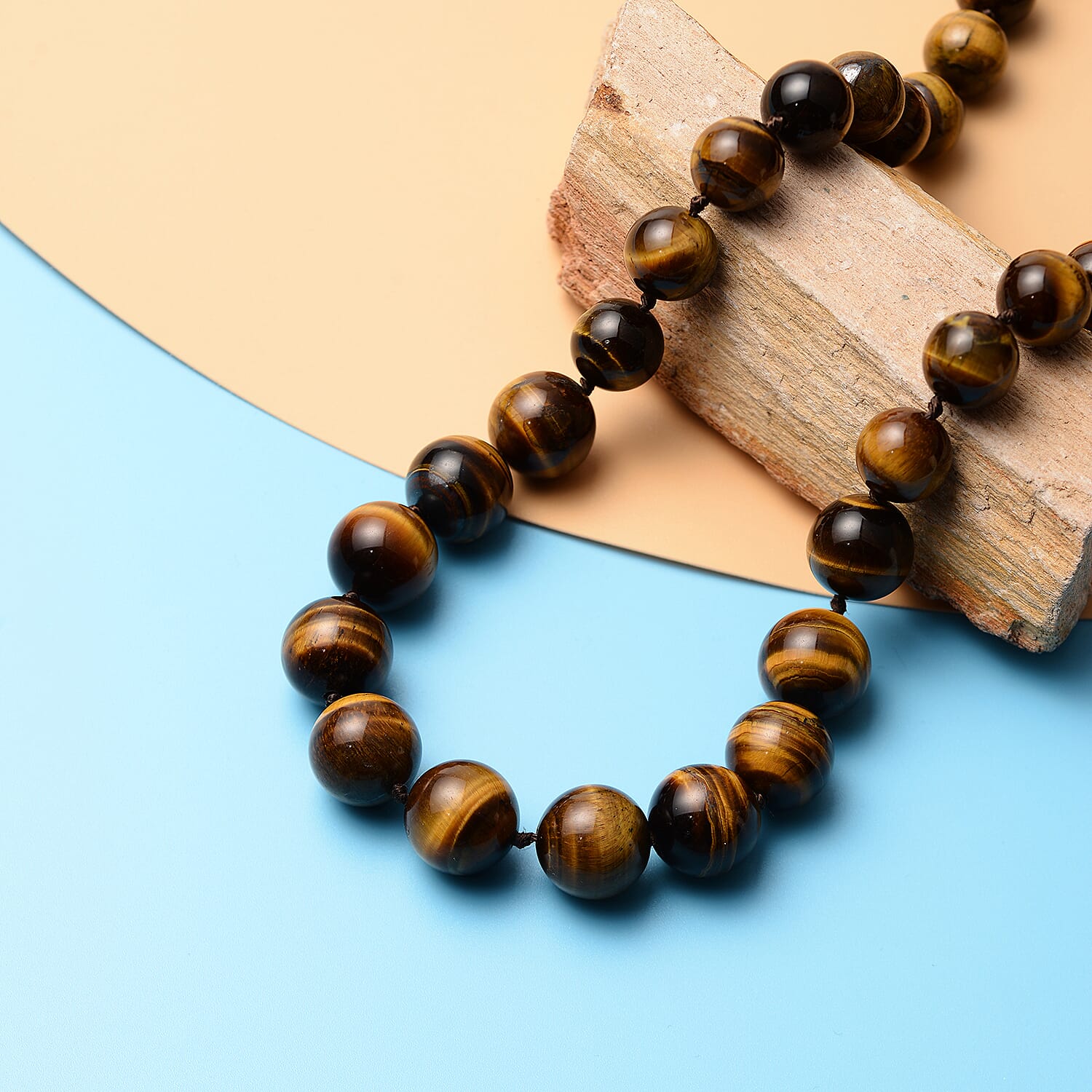 Premium Yellow Tiger's Eye 11-15mm Beaded Necklace 20 Inches in Rhodium Over Sterling Silver 580.50 ctw