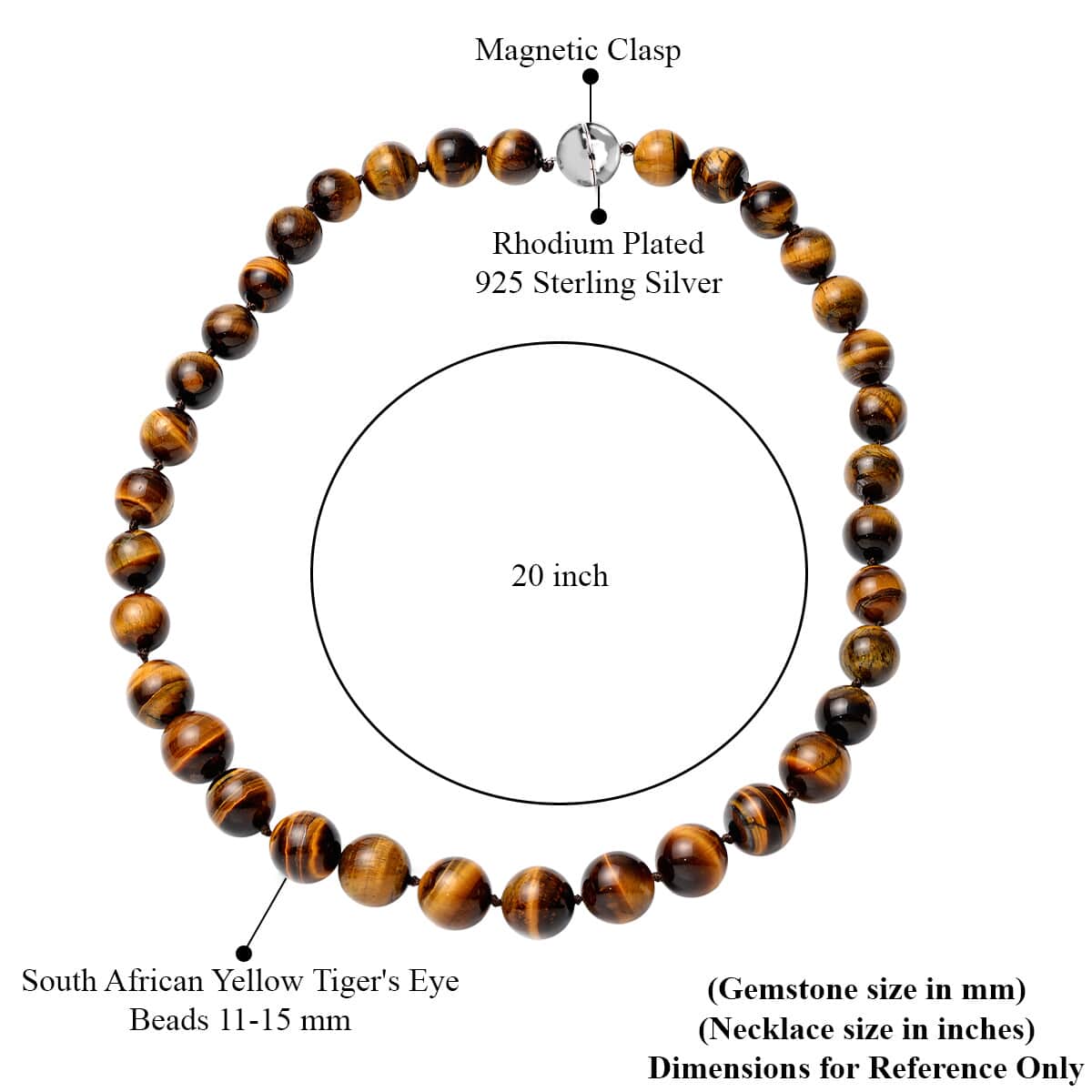 Premium South African Yellow Tiger's Eye 11-15mm Beaded Necklace 20 Inches in Rhodium Over Sterling Silver 580.50 ctw image number 4