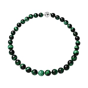 Premium Green Tiger's Eye 607.50 ctw Necklace in Rhodium Over Sterling Silver, Beaded Necklace, Bead Jewelry, Birthday Gifts 20 Inches
