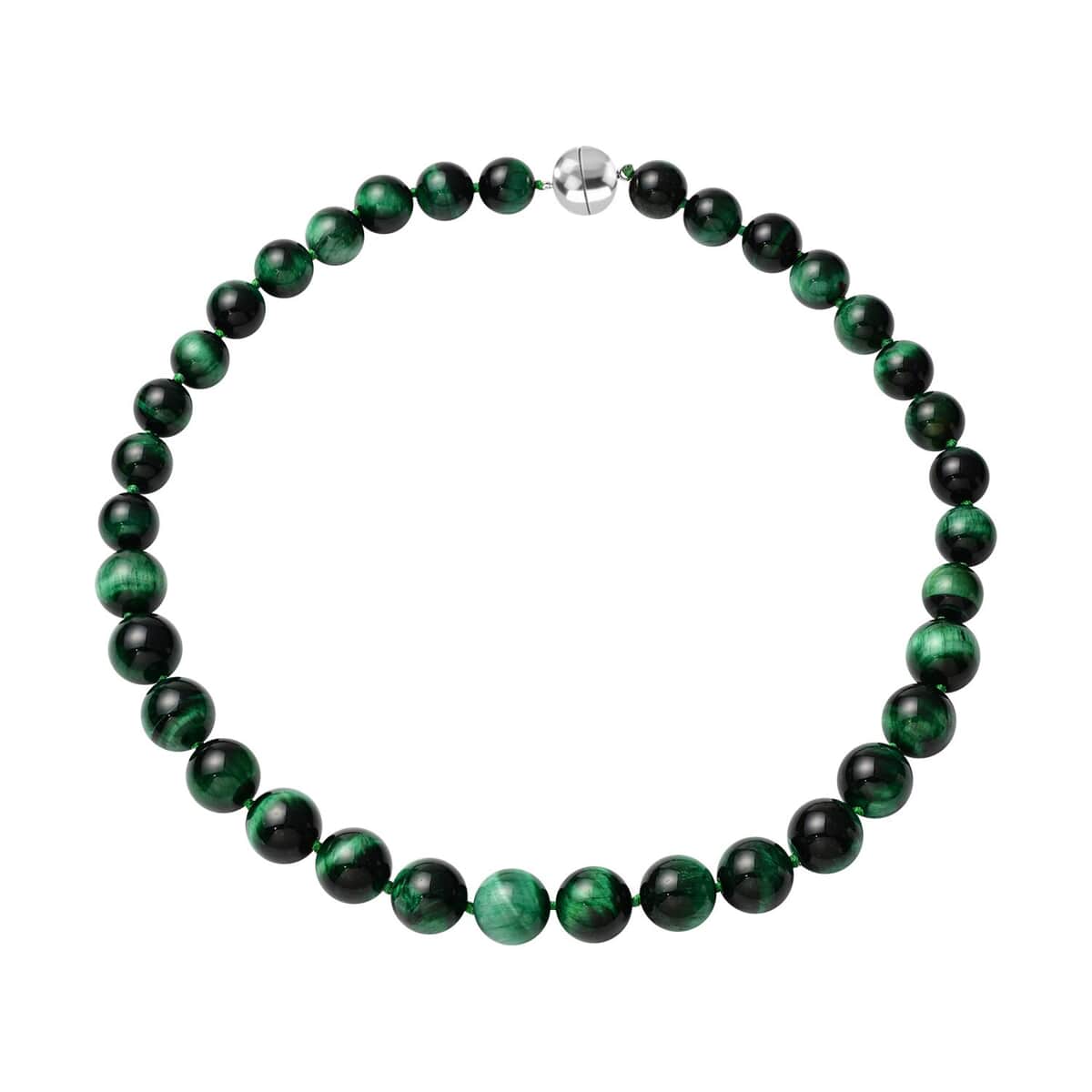 Premium Green Tiger's Eye Necklace in Rhodium Over Sterling Silver, Beaded Necklace, Bead Jewelry, Birthday Gifts 607.50 ctw (20 Inches) image number 0