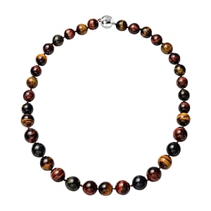 Premium Blue Tiger's Eye Necklace in Rhodium Over Sterling Silver, Beaded Necklace, Bead Jewelry, Birthday Gifts 617.00 ctw (20 Inches)