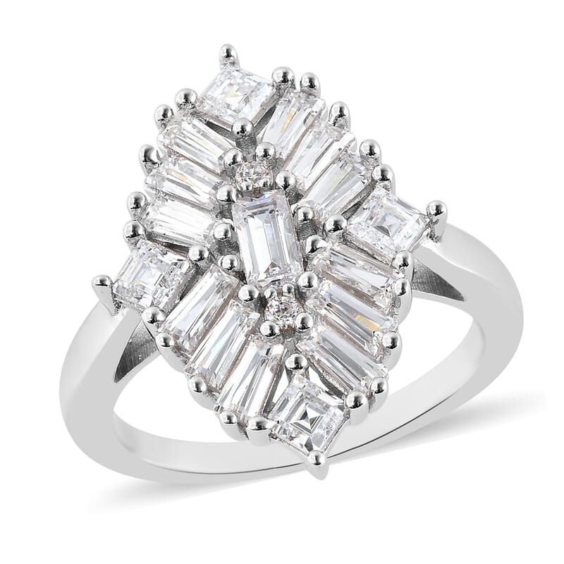 Lustro Stella Made with Finest CZ Elongated Ring in Rhodium Over Sterling Silver (Size 10.0) 3.50 ctw